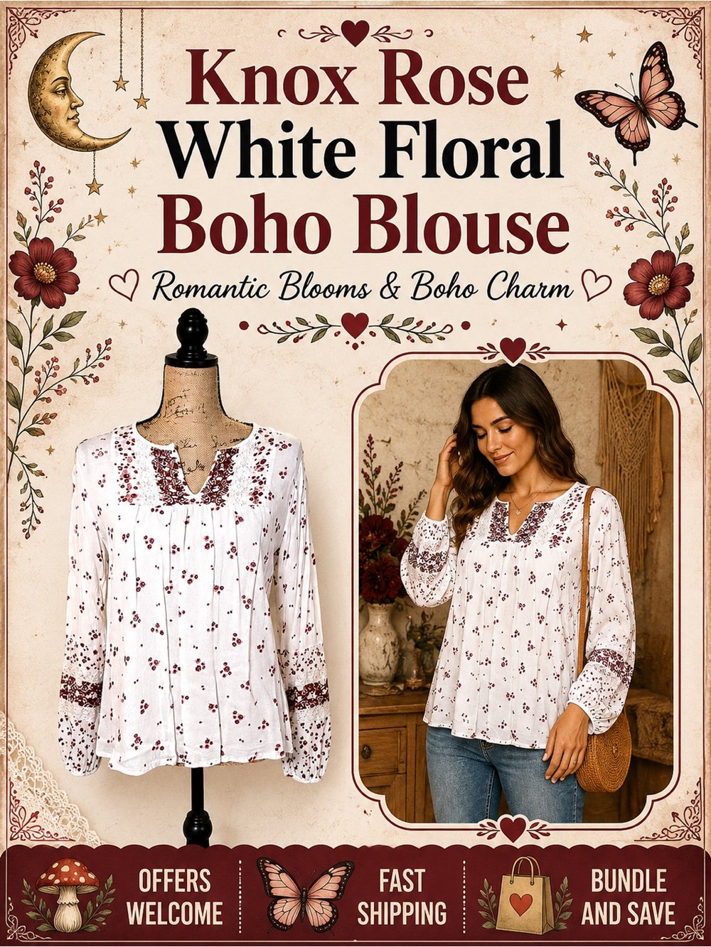Knox Rose White Floral Embroidered Boho Peasant Blouse Long Sleeve Top Size S